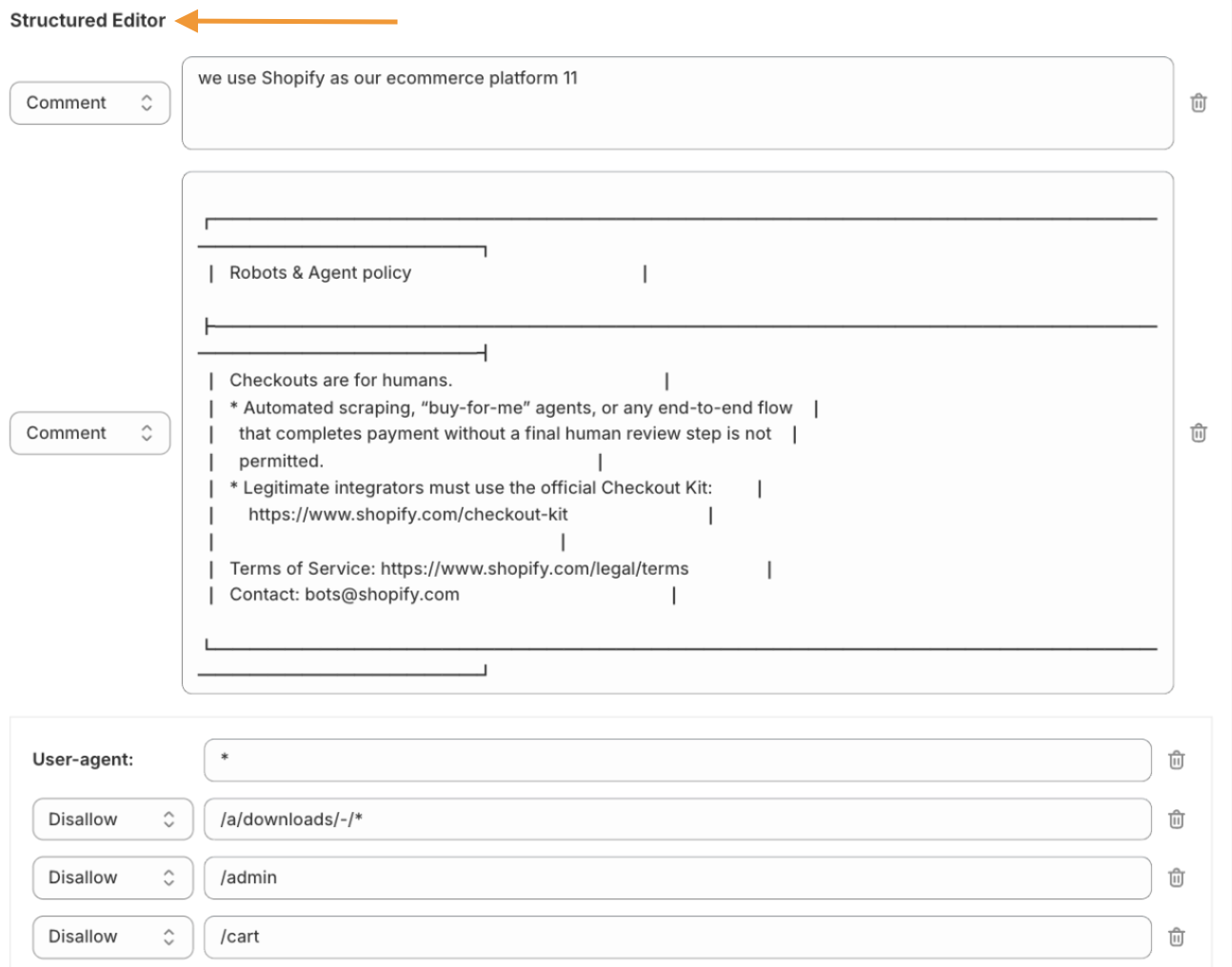 mit custom robotstxt rules using the structured editor