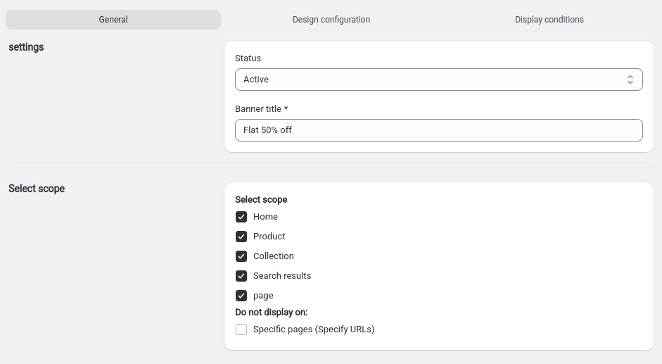 Shopify banners general settings