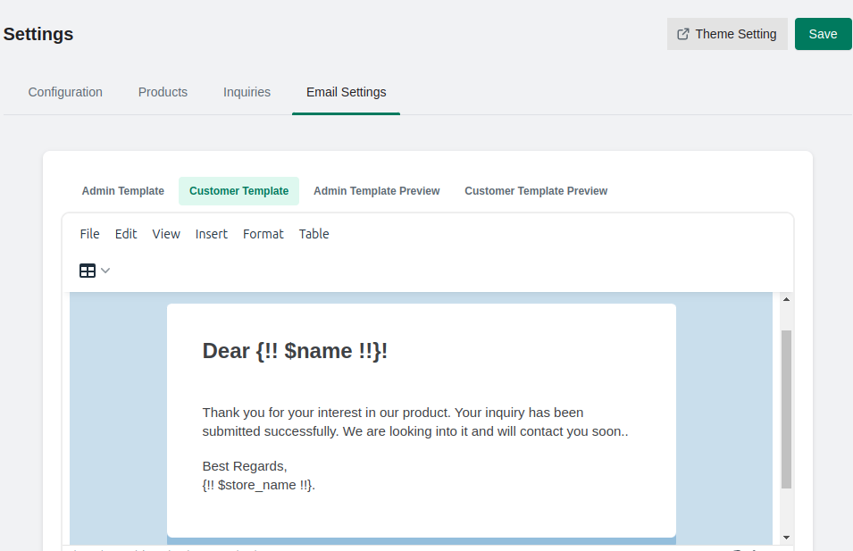 customer email notification template with dynamic placeholders