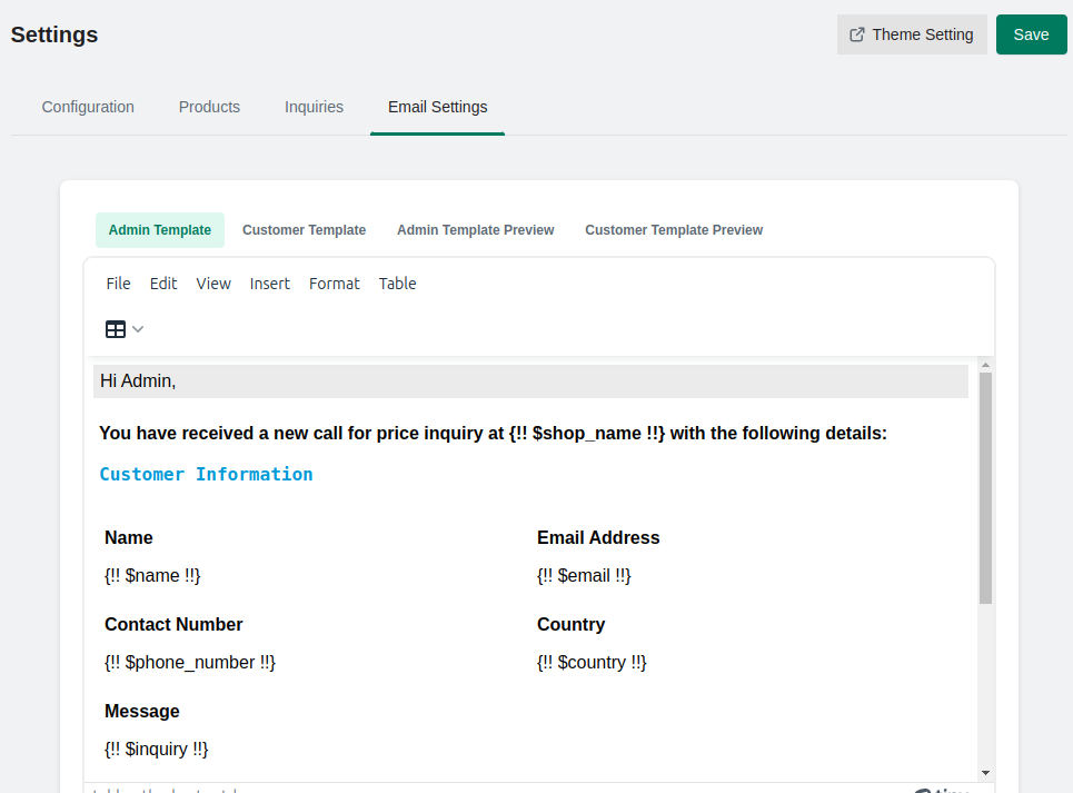 Admin email notification template with dynamic tags