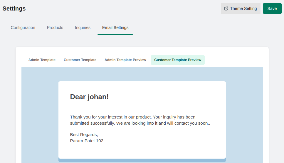 customer email notification template preview