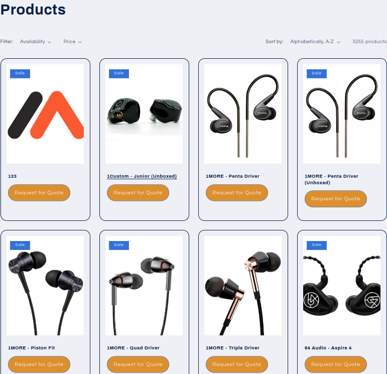 price hidden on collection page and replaced by request a quote button