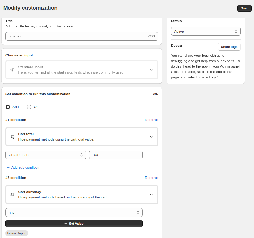 advanced rule based customization of Shopify payment methods