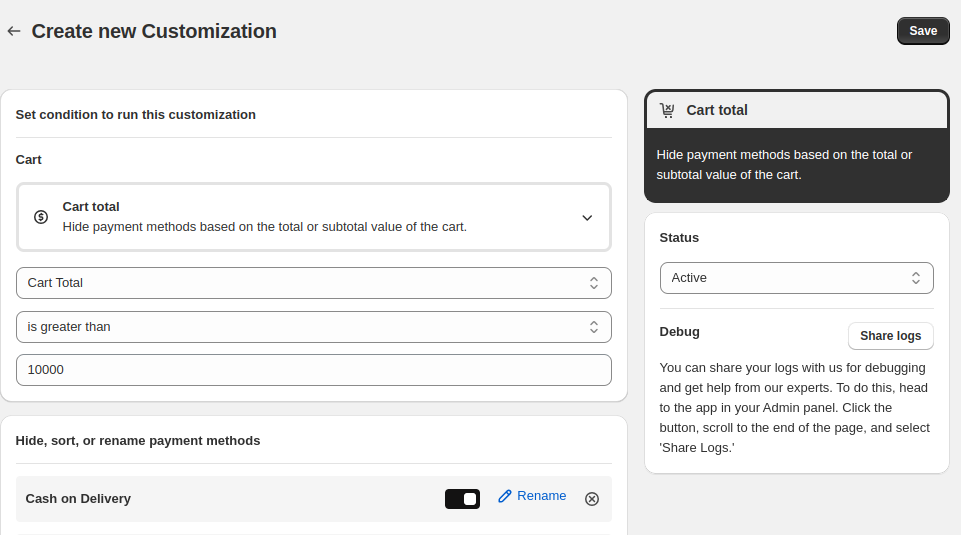 condtions to hide or adjust payment methods