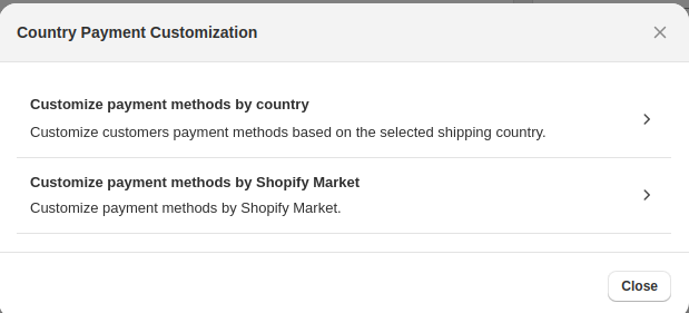 options to create country based payment customization in Shopify admin via app