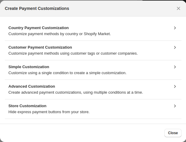 Create payment customization in Shopify admin via app