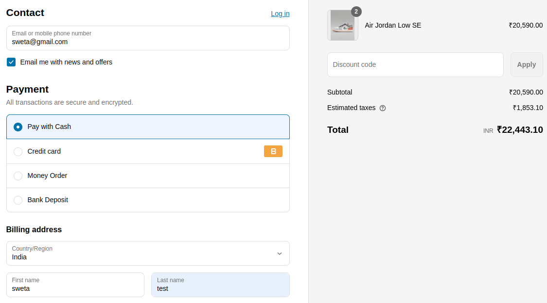 Shopify checkout frontend with custom payment method for specific countries