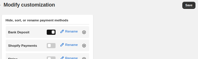 hide, sort, or rename payment methods options