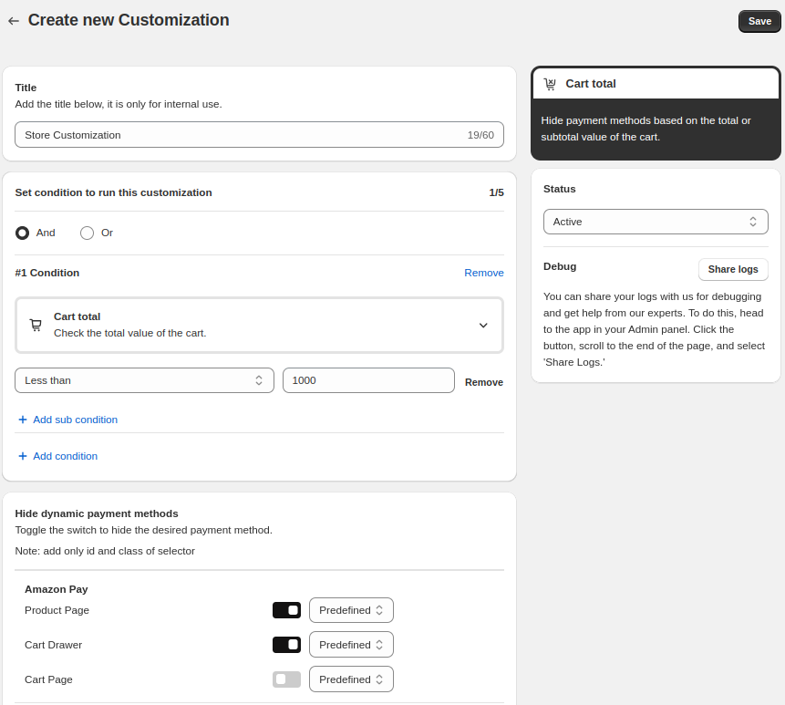 condition based remove specific payment method buttons on specific pages