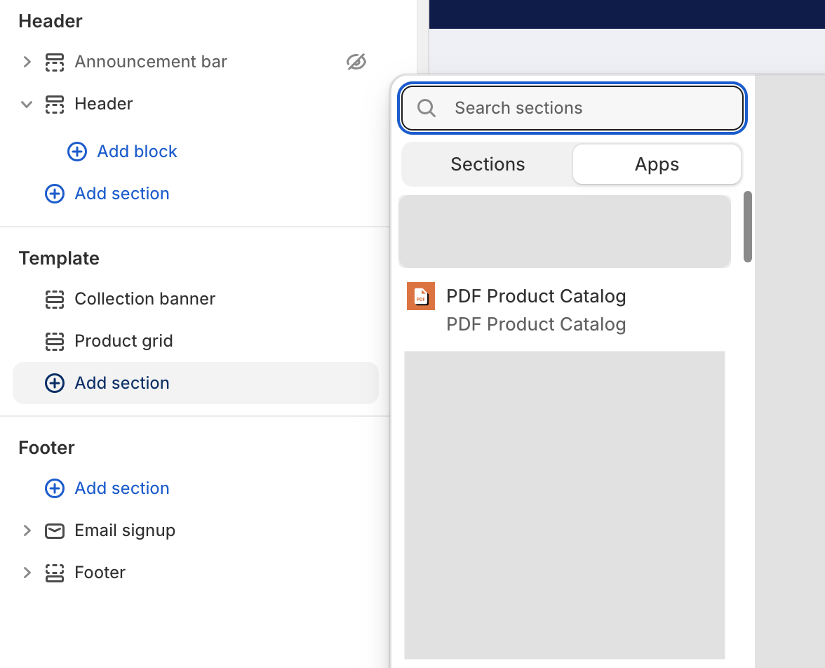 Adding PDF product catalog section in Shopify theme editor