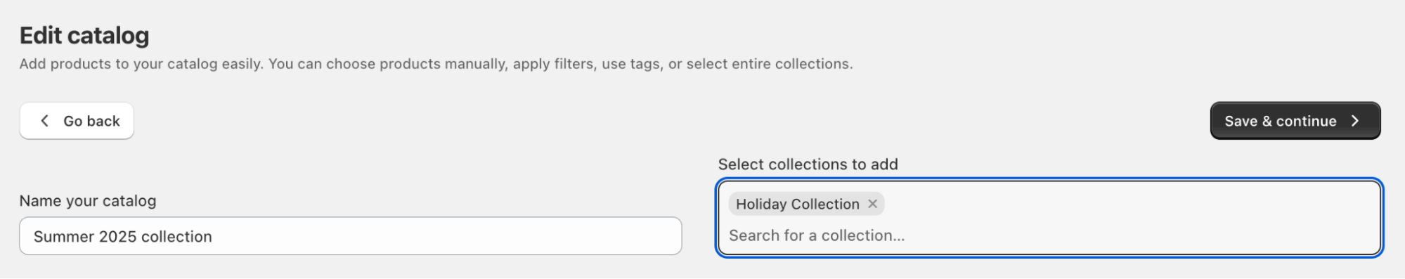 Assigning catalog to collections in Shopify app