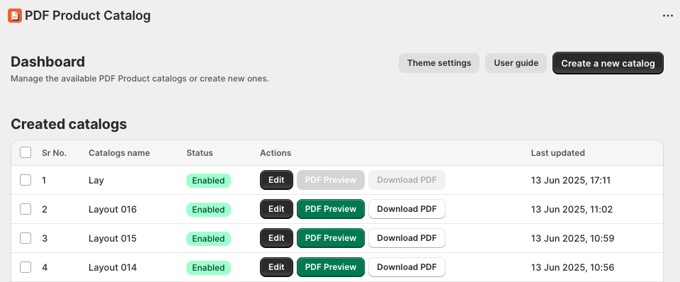 Shopify app dashboard for creating a new PDF product catalog