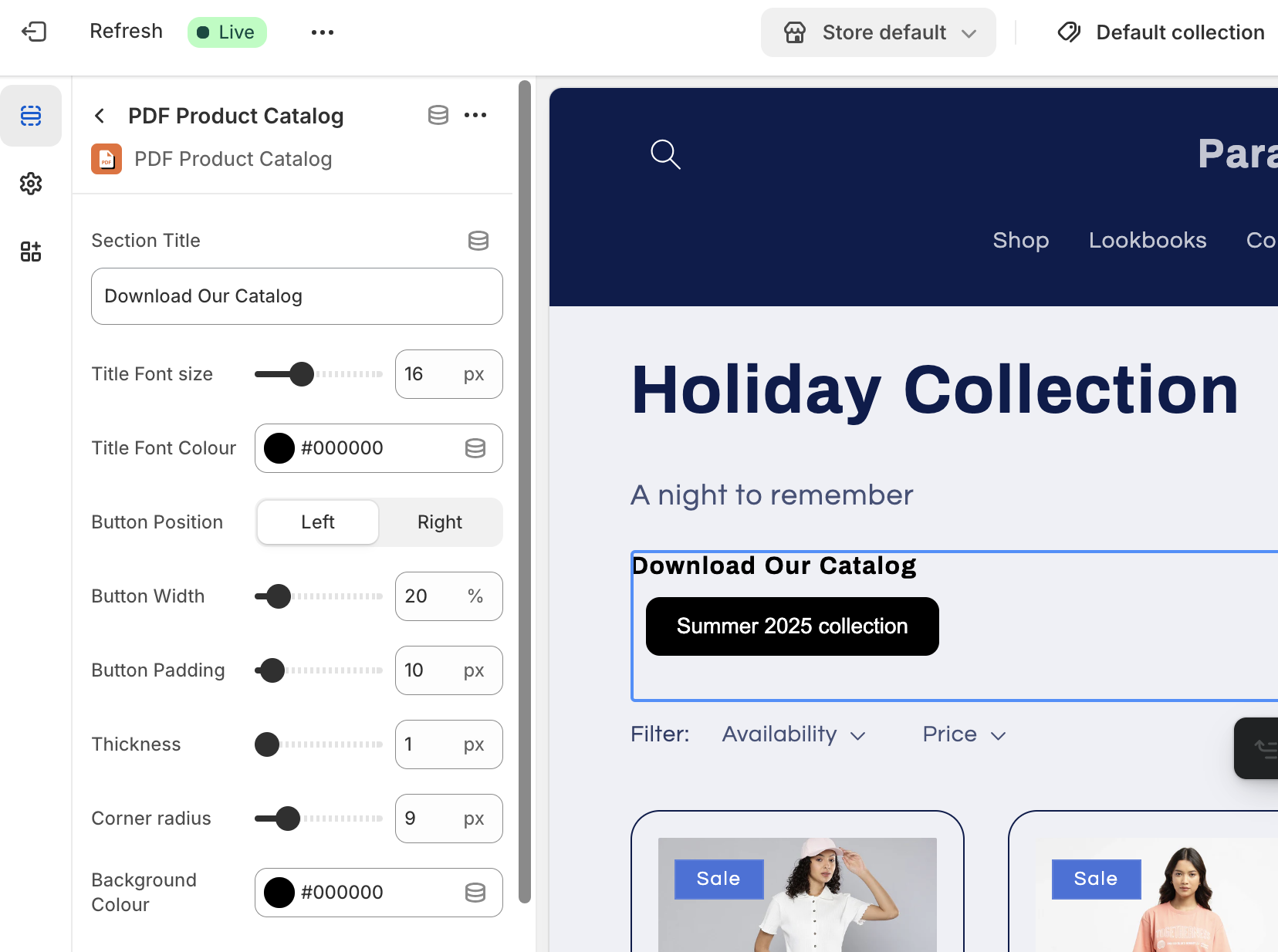 Customizing PDF download button in Shopify theme editor