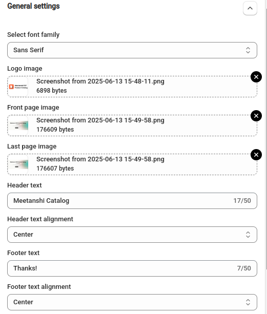 General settings for customizing Shopify PDF product catalog