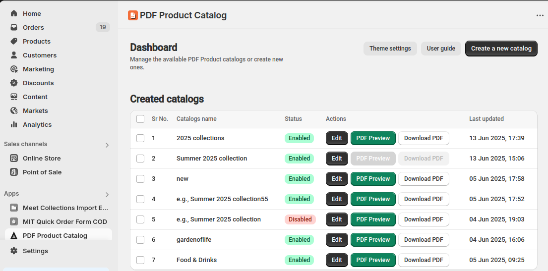 Preview of generated PDF product catalog in Shopify app