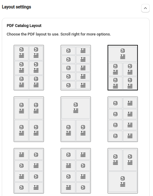 Layout settings with design options for Shopify PDF catalog