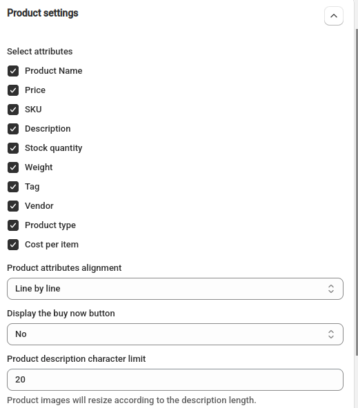 Product settings for Shopify PDF product catalog