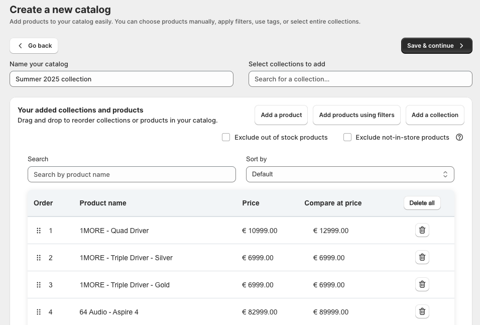 Save and continue button for products in Shopify PDF catalog app