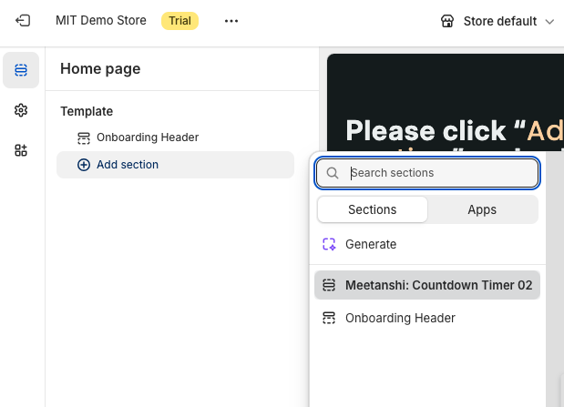 Adding a free MIT Sections Pro section from Shopify theme editor sidebar