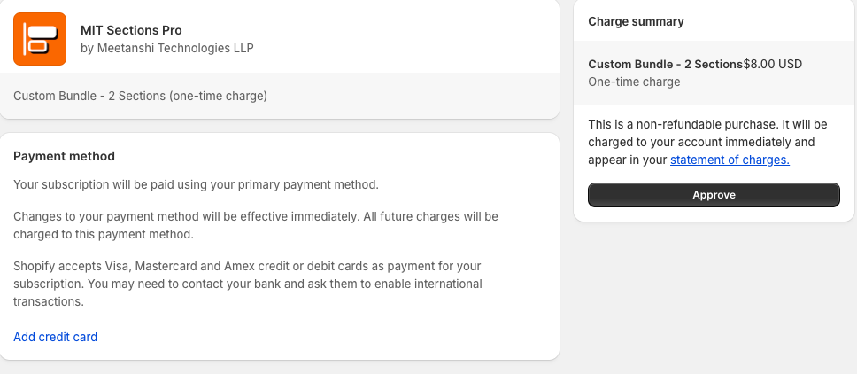 Purchasing a premium Shopify section in MIT Sections Pro app