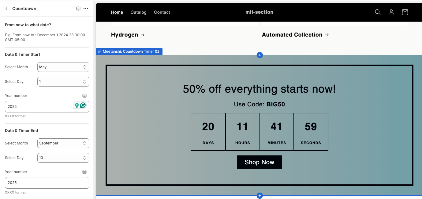 Customizing MIT Sections Pro section settings in Shopify theme editor