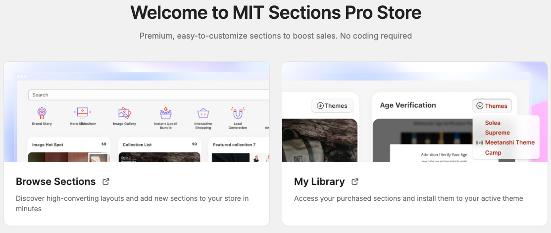 MIT Sections Pro app dashboard showing browse sections option in Shopify