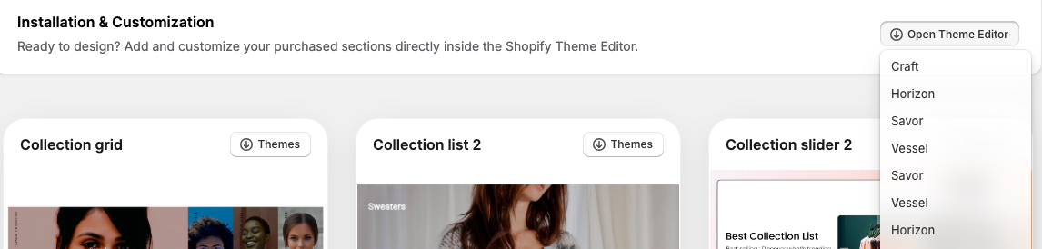 MIT Sections Pro sections visible inside Shopify live theme editor