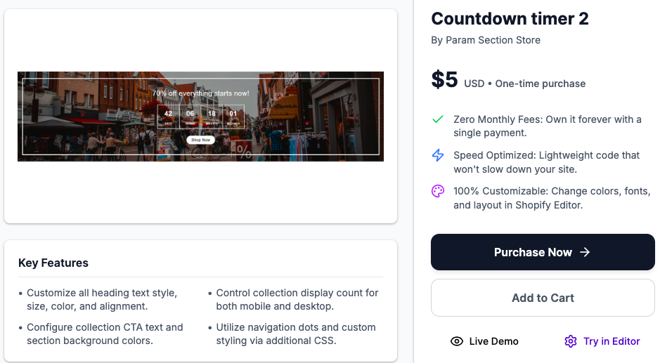Try in editor option for testing a Shopify section for free in MIT Sections Pro