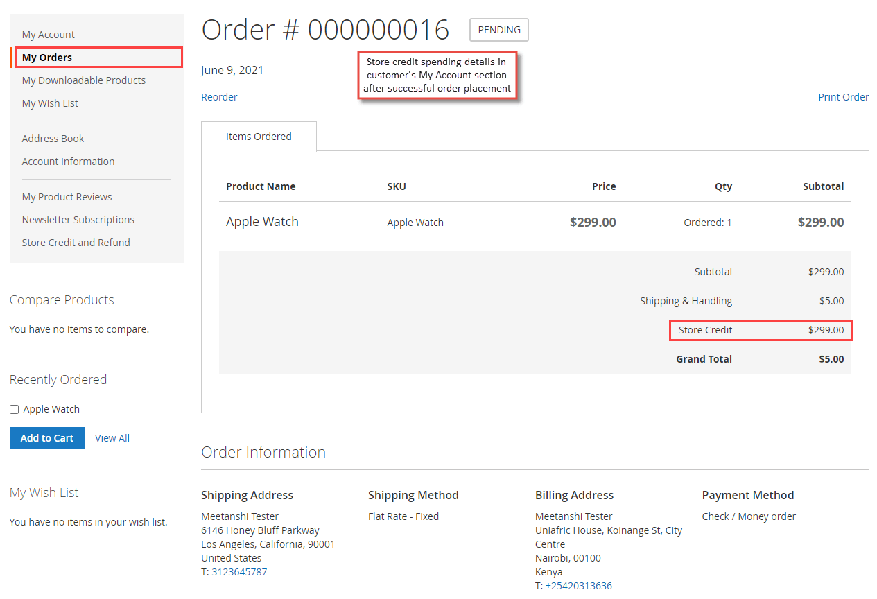 11. Store Credits Spending Details in Customers My Account Section