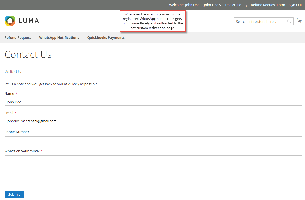 11. WhatsApp Login Enabled and Redirection to Custom Page