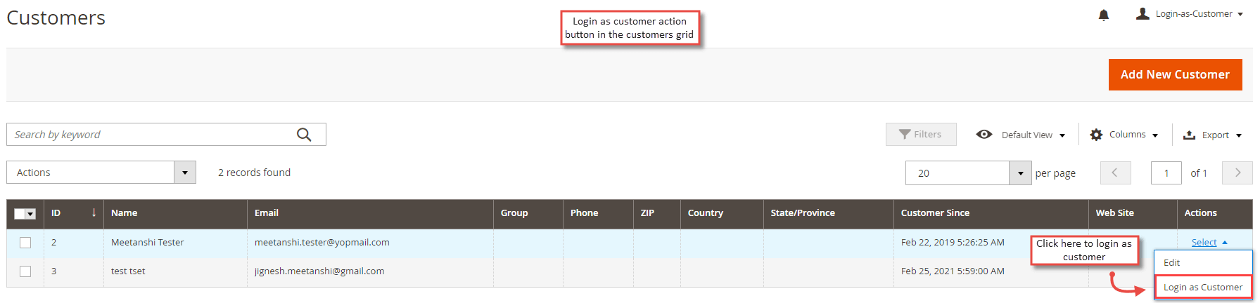 2. Login as Customer from Customers Grid
