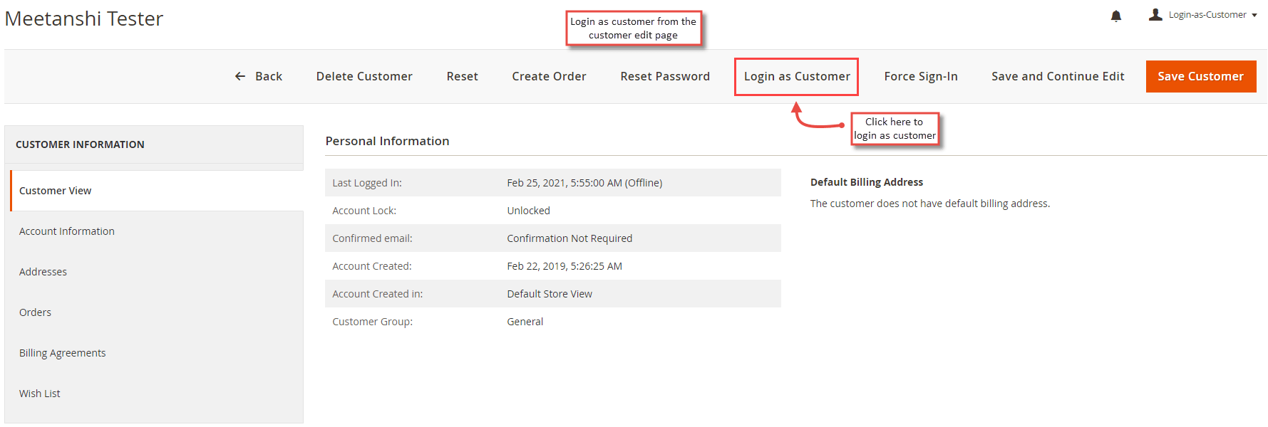 3. Login as Customer from Customer Edit Page