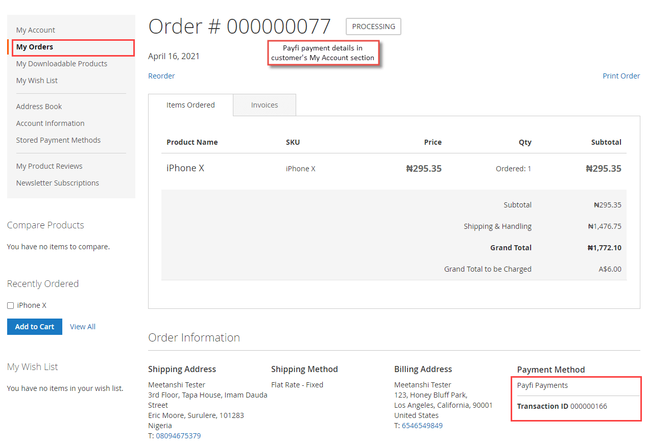 4. Payfi Payment Details in Customer's My Account Section