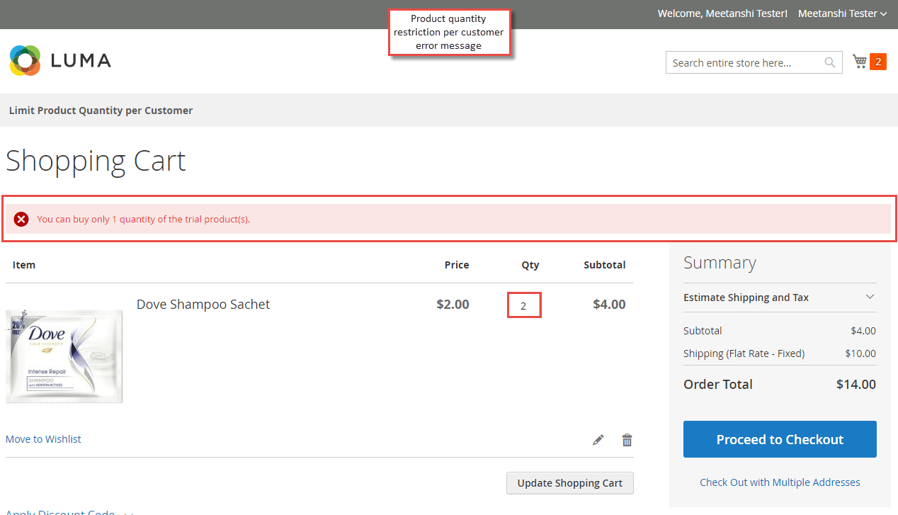 4. Product Quantity Restriction Error Message