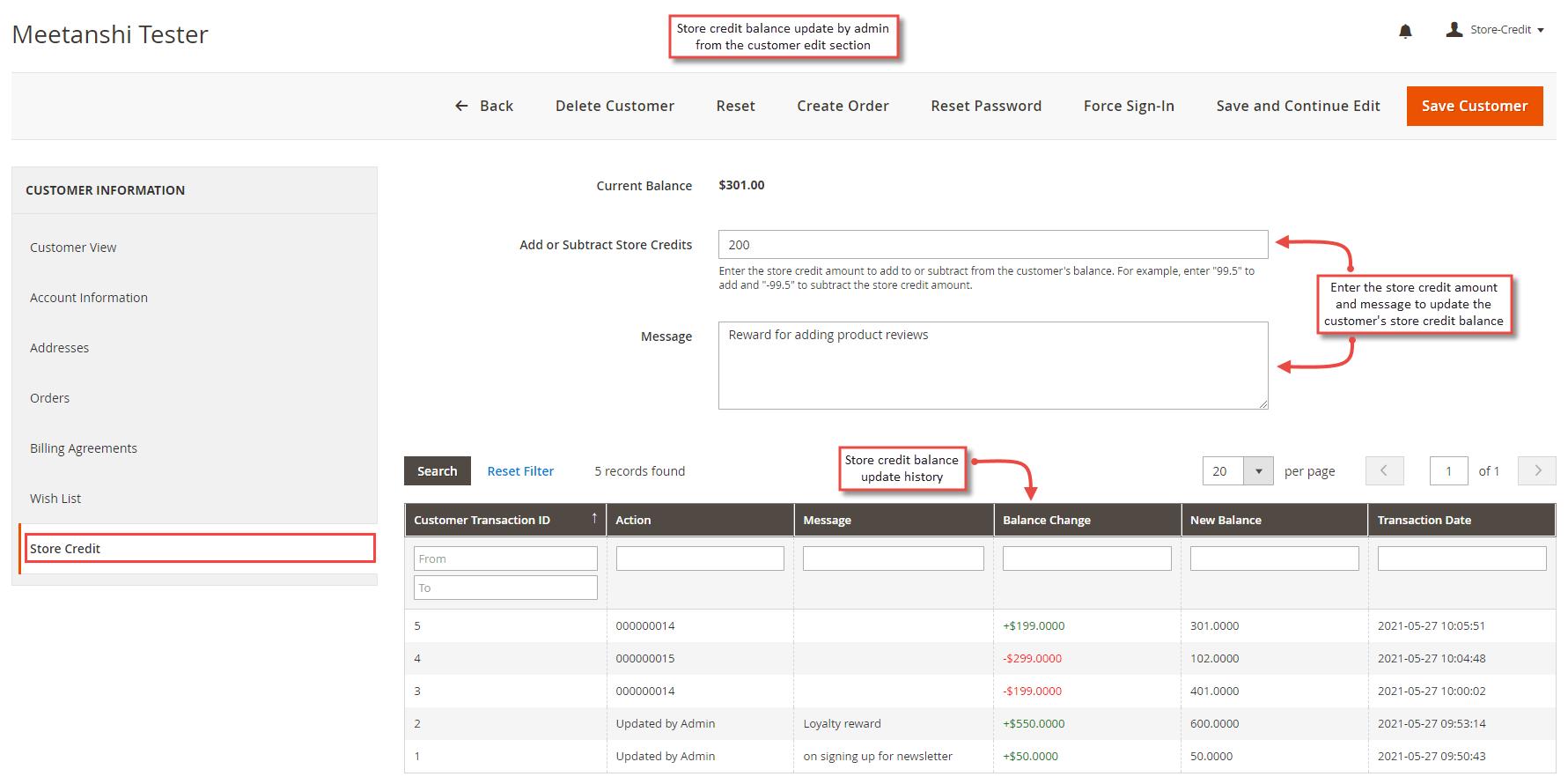 4. Updating Store Credit from Customer Edit Section Backend