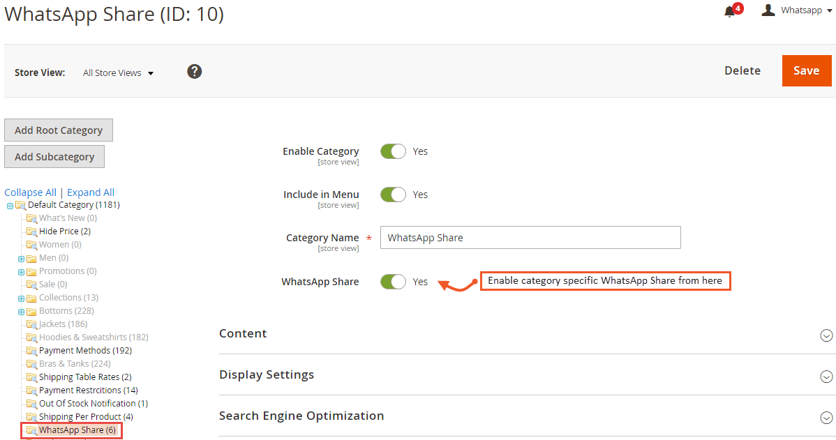 5. Category Specific WhatsApp Setting