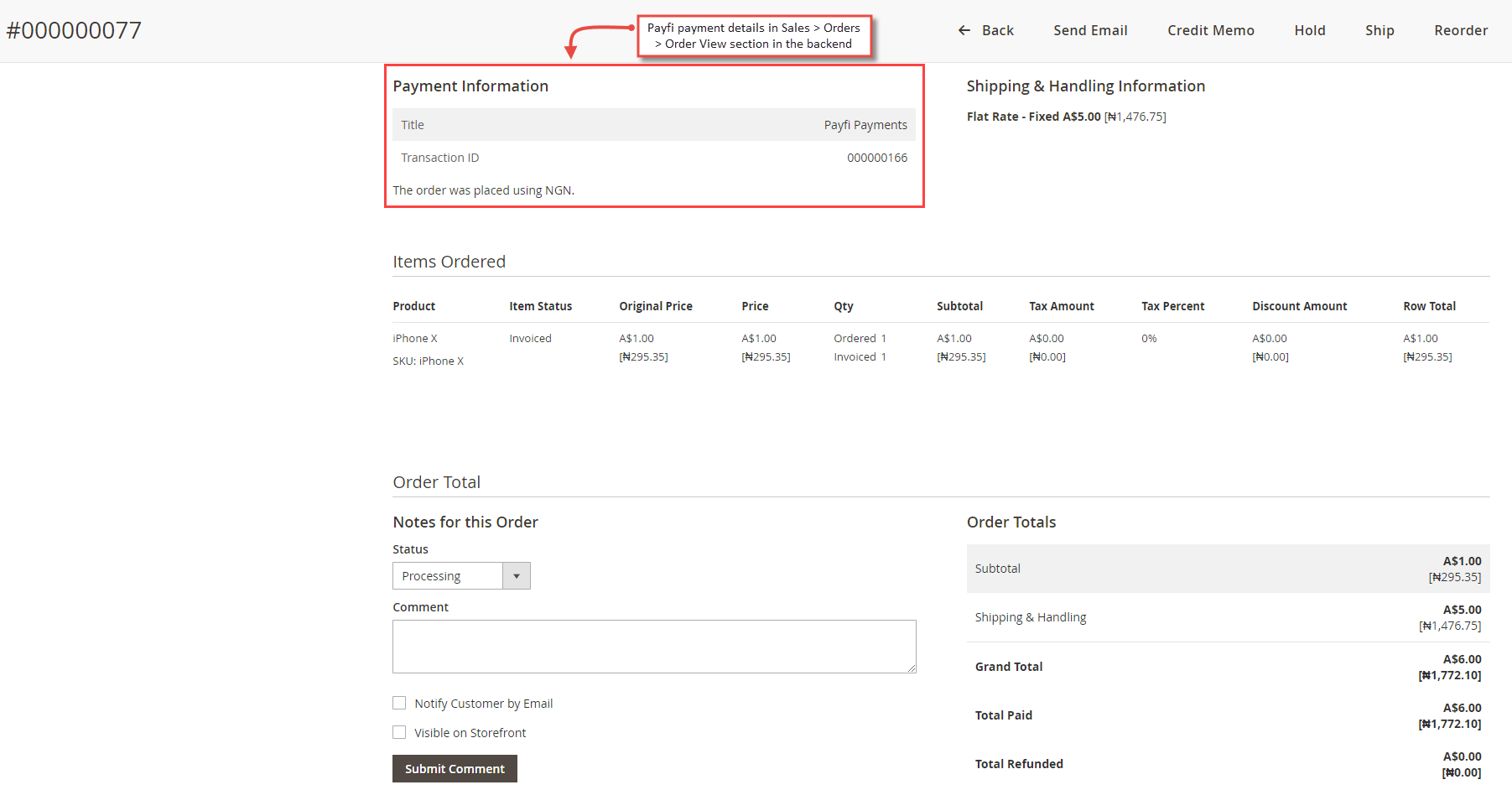 5. Payfi Payment Details in Sales Order View Backend