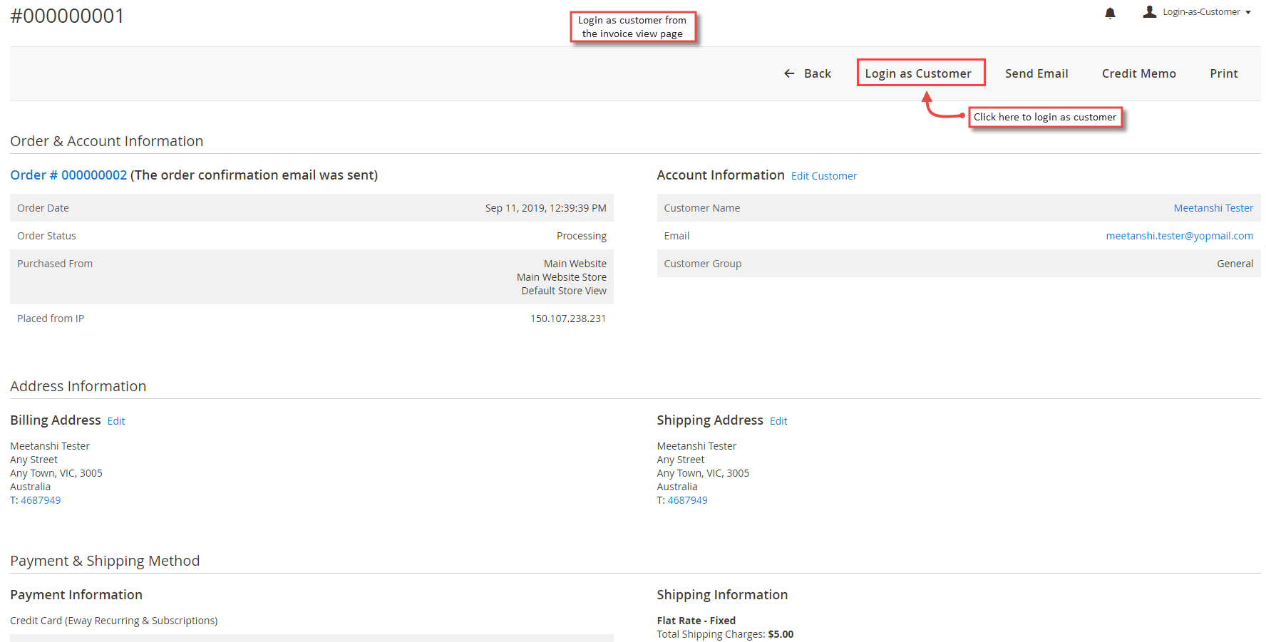 6. Login as Customer from Invoice View Page