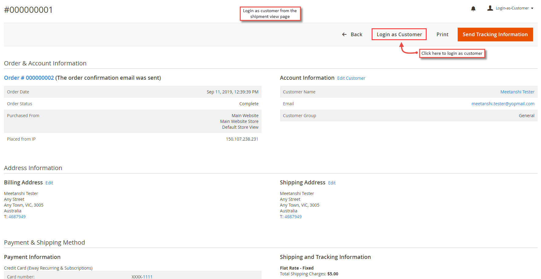7. Login as Customer from Shipment View Page