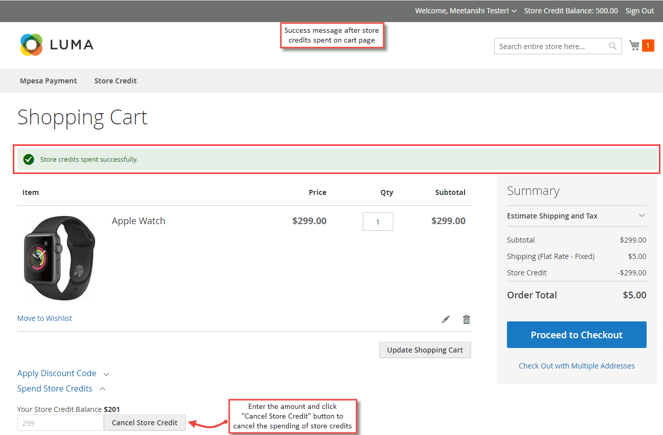8. Store Credit Spent Success Message on Cart Page