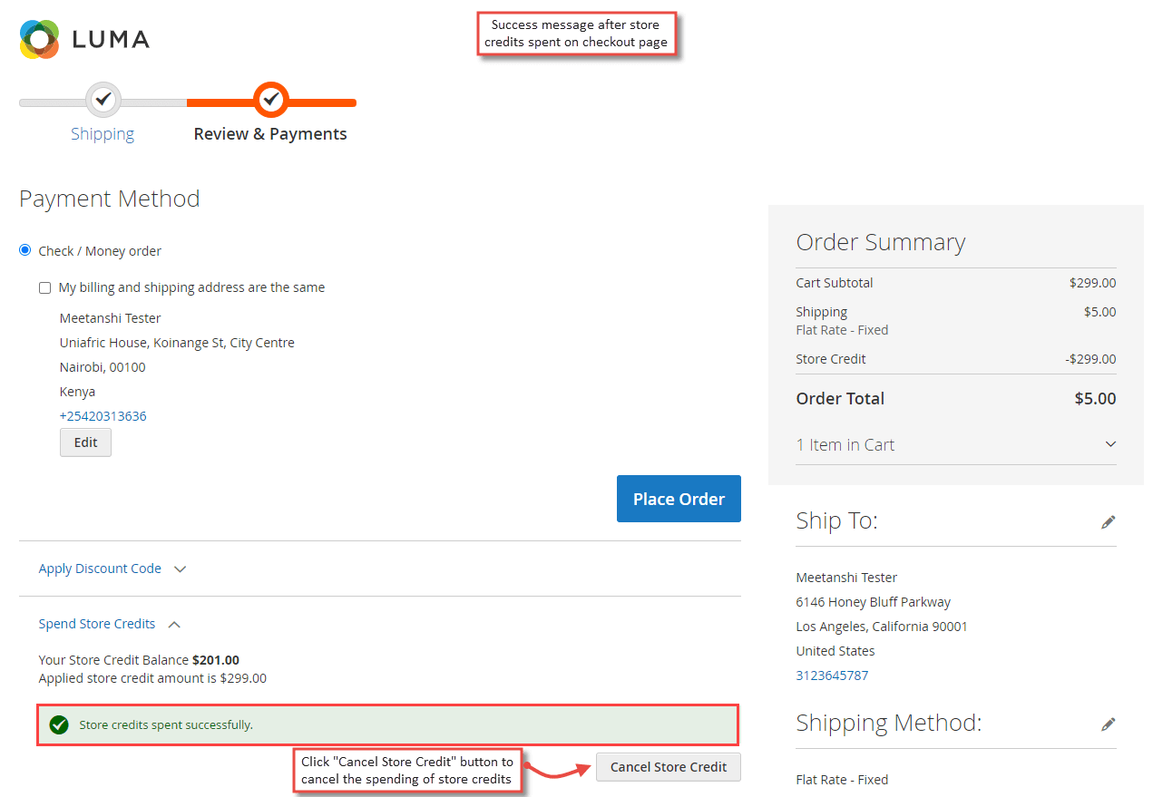10. Store Credit Spent Success Message on Checkout Page