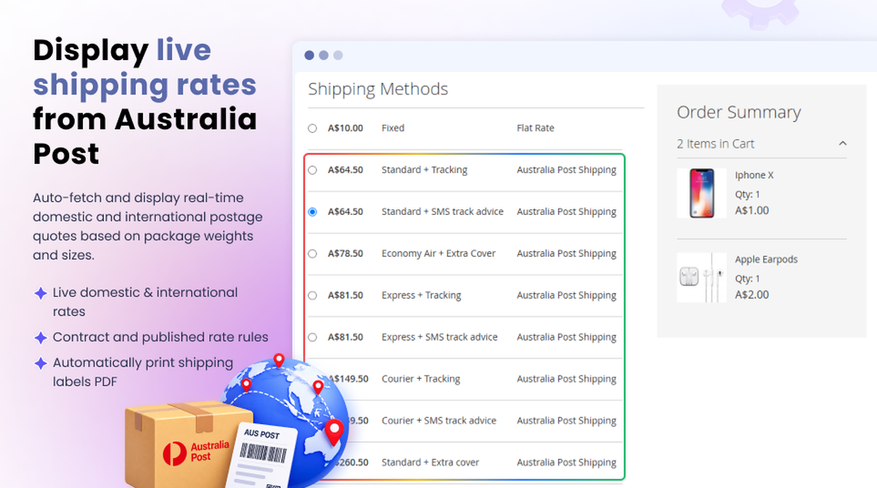 Magento 2 australia post shipping live rates on shipping methods