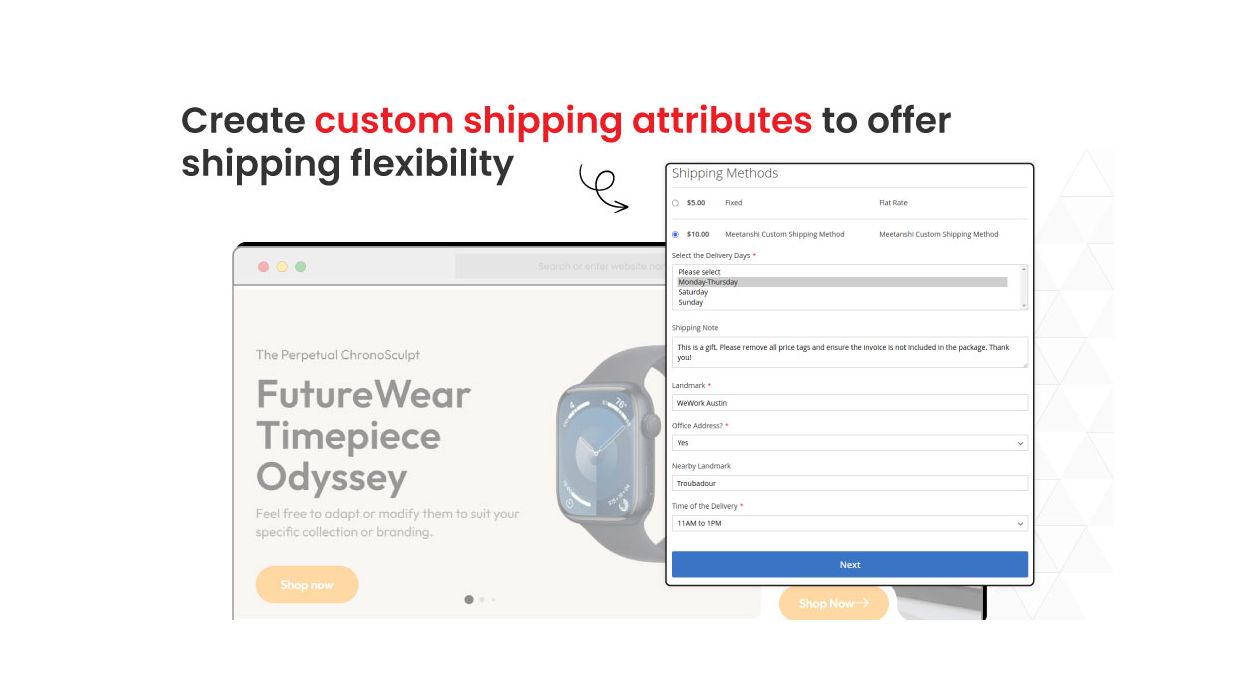 1. Custom shipping attributes at Magento frontend to offer shipping flexibility 1. Custom shipping attributes at Magento frontend to offer shipping flexibility