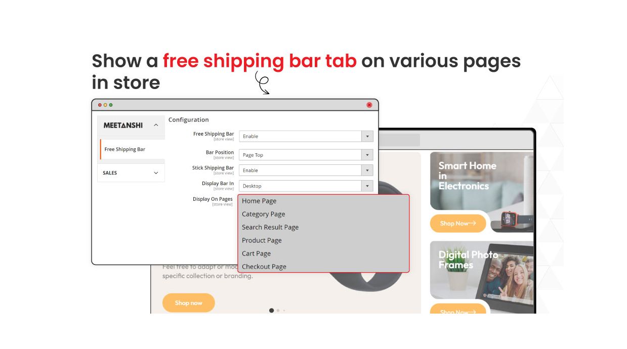 1. Show a free shipping bar tab on various pages in the store 1. Show a free shipping bar tab on various pages in the store