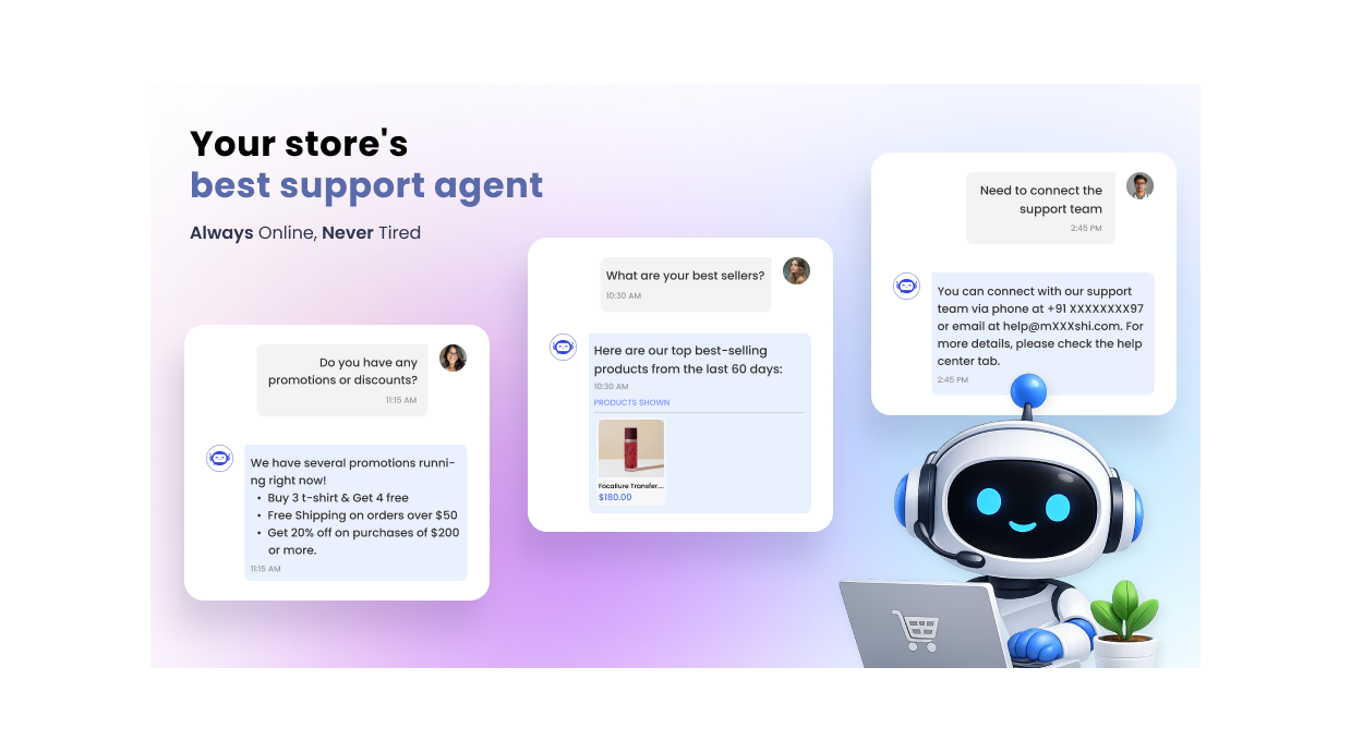 AI Chatbot interface answering customer questions 24/7 as an automated support agent.