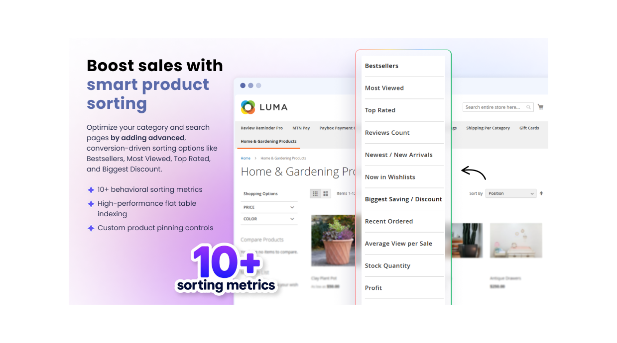 Boost sales with smart product sorting – Advanced sorting options like Bestsellers, Most Viewed, Top Rated, and Biggest Discount for Magento 2 category and search pages