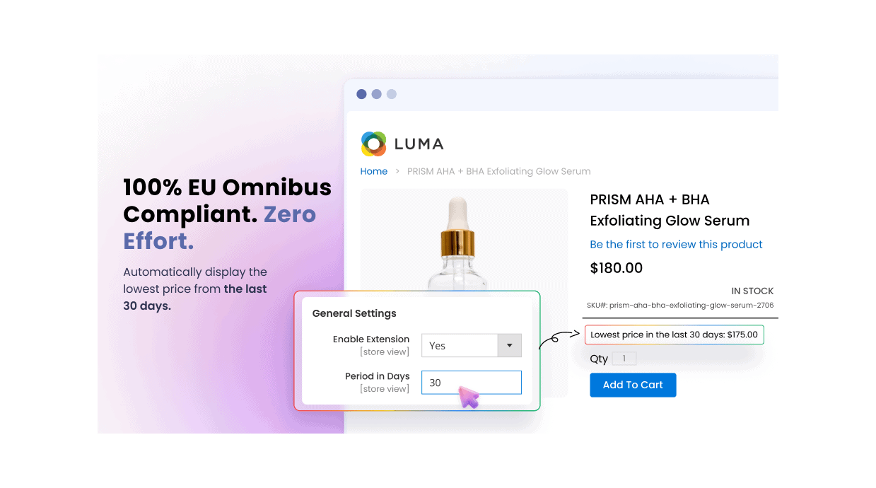 EU Omnibus compliance showing the automatic lowest price from last 30 days with zero manual effort