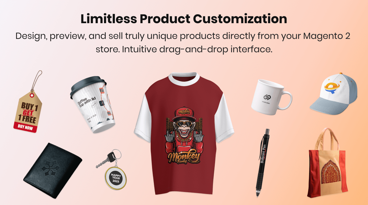 Limitless product customization text with the customized products represents the product designer for Magento 2