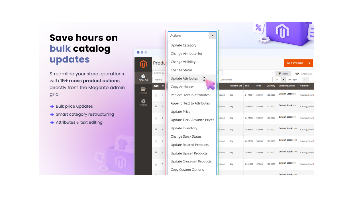 Magento 2 mass product actions dropdown in admin grid.