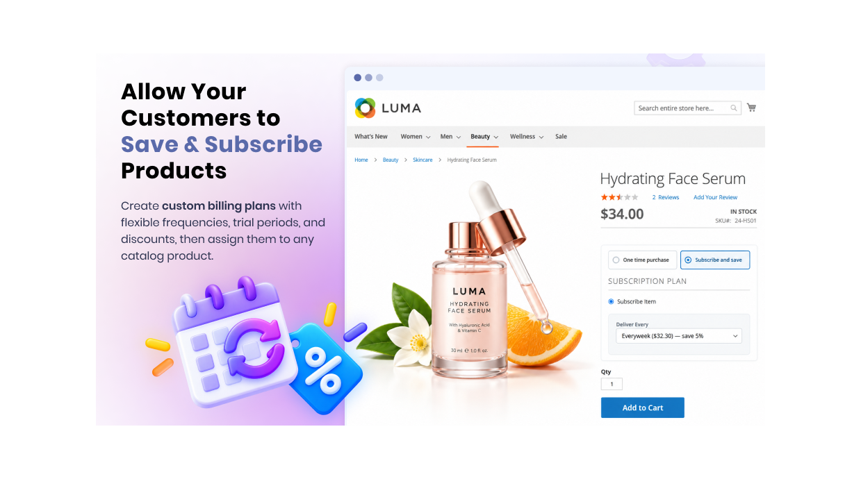 Magento 2 product page showing the Save & Subscribe widget with one-time or subscription options, frequency selectors, and discount tags